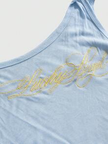 ROMWE 女款復古 Weirdcore 前衛 Y2K 風格不對稱肩領字母刺繡半透不對稱下擺 T-shirt - 藍色 - 查看 3