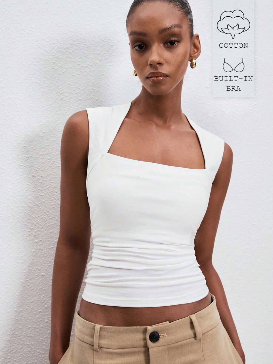 ATUI Studio Gaun Midi Katun Wanita Model A-Line dengan Bra Terintegrasi – Gaun Musim Panas Lembut dan Elastis untuk Tamu Pernikahan & Pantai, Atasan Musim Panas - Putih - View 1