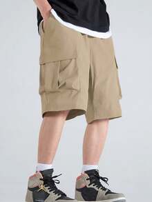 Manfinity Hypemode Loose Men Flap Pocket Drawstring Waist Shorts - Khaki - View 3