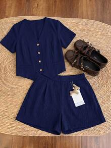 Elaquor Plus Size Women's Solid Color Single-Breasted Short Sleeve Shirt And Shorts Casual 2-Piece Set - Navy Blue - View 8
