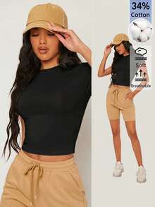 SHEIN BASICS 女款純色休閒圓領短袖短版T恤上衣 白色上衣 - 黑色 - 查看 3