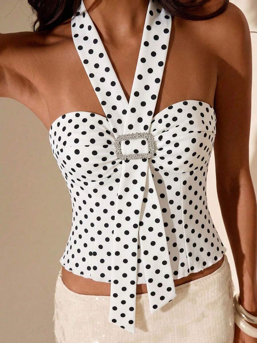SHEIN Franclia 女士波点露背褶皱时尚百搭休闲上衣 - 白色 - 查看 1