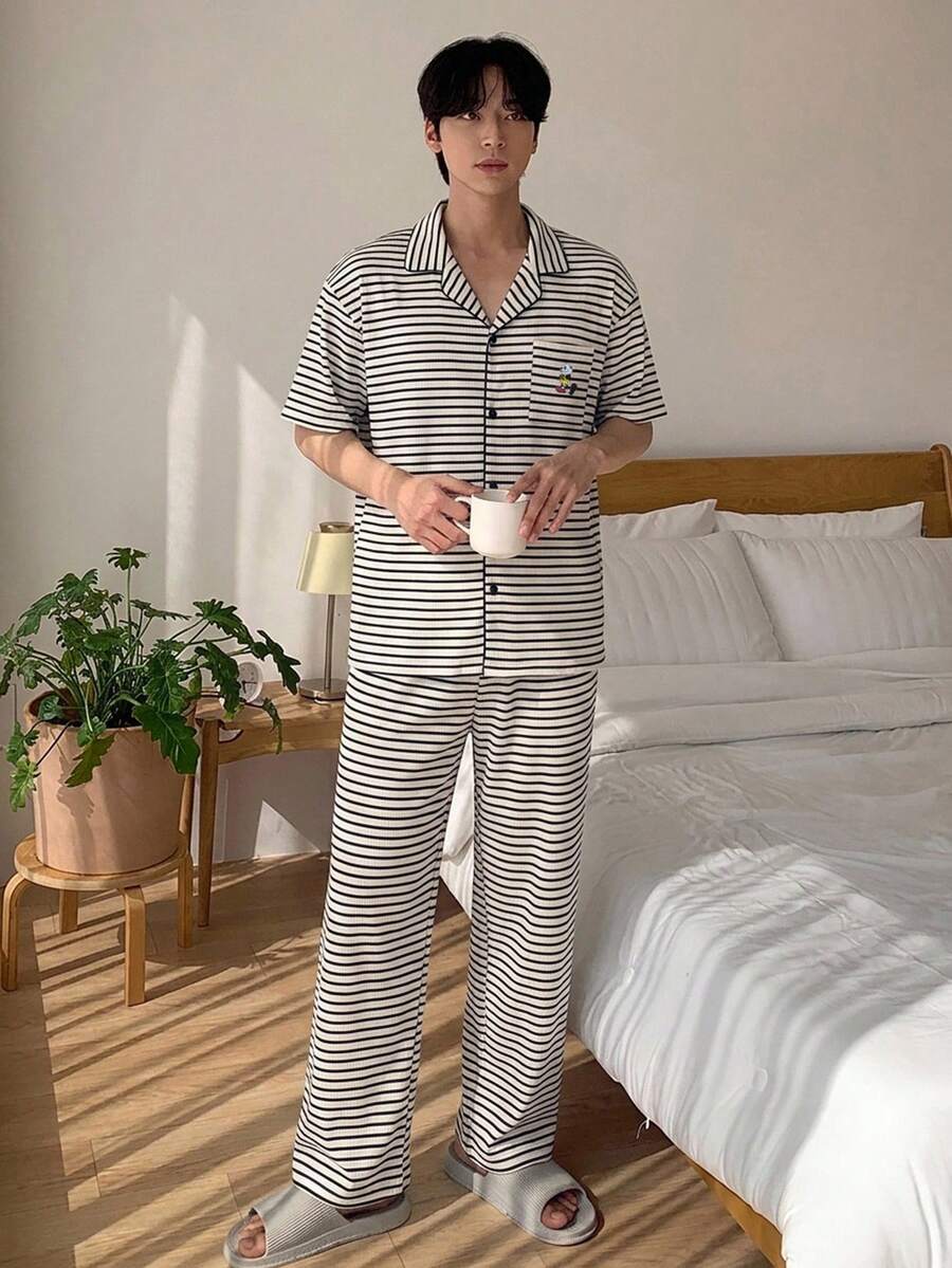 DAZY 春/夏條紋T恤與彈性腰長褲男士居家服套裝 - 彩色 - 查看 1
