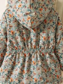 SHEIN 1件少女冬季2025新款復古卡其色花卉保暖內裡拉鍊連帽衛衣，彈性腰頭，厚實保暖時尚戶外通勤百搭外套 - 綠色 - 查看 8