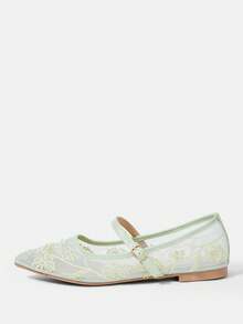 CUCCOO HITCHD Sepatu Mary Jane Wanita dengan Desain Manik-Manik Bordir Jala, Ujung Persegi, Gesper Sederhana, Sol Lembut, dan Bernapas ala Prancis. - Hijau - View 2