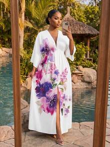 SHEIN Lady CURVE 大尺碼優雅花卉印花度假洋裝，適合度假、婚禮、婚禮賓客，白色花卉，秋季款 - 紫色 - 查看 4