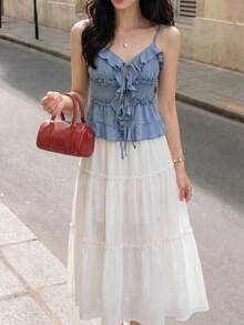 SHEIN MOD Chân váy xếp nếp Boho dài váy phá cách trơn bèo nhún viền chân váy xếp nếp - trắng - Xem 7