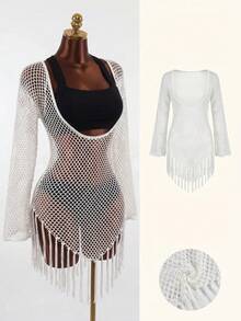 Zestiva Women's Sexy Hollow Out Sheer Tassel Hem Cover-Up Dress For Vacation - White - View 4