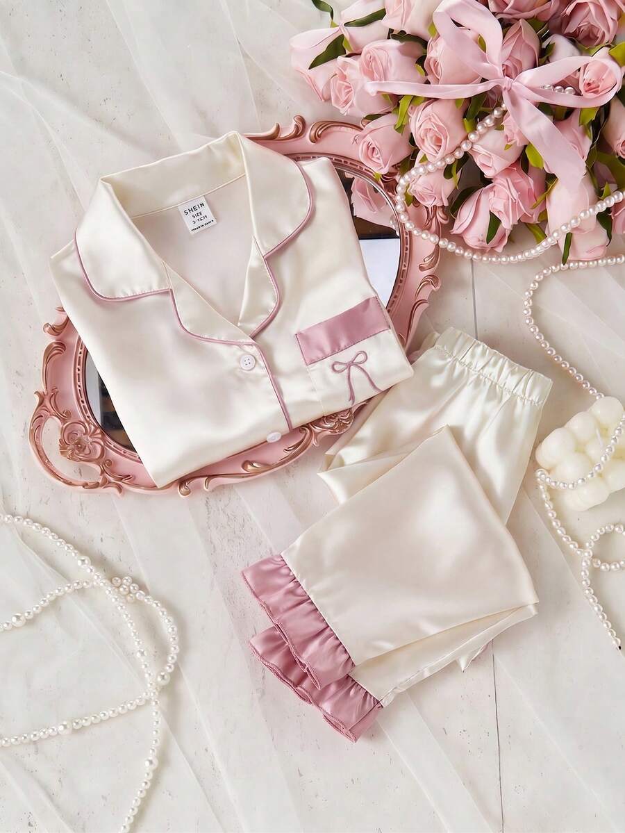 Girls' Solid Color Satin Ruffle Sleeve Long Sleeve Top And Pants With Pockets Embroidery 2-Piece Set, Spring/Autumn - Apricot - View 1