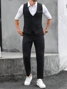 Manfinity Nomadique 男士純色休閒商務西裝套裝，商務正式西裝含背心與長褲，口袋設計與腰帶設計，適合日常通勤、輕鬆工作環境或半正式場合，也是送給男友與丈夫的理想禮物 - 黑色 - 查看 4