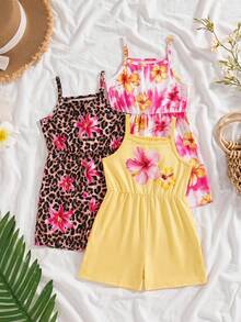 SHEIN 3pcs Young Girls Polyester Sleeveless Spaghetti Strap Full Print Casual Summer Rompers Jumpsuits Set - Multicolor - View 2