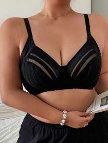 Napfluff CURVE Napfluff CURVE Women's Plus Size Striped Sheer Mesh Underwire Bra, Large Bust Slimming Support & Push-Up Lingerie, 1pc - Black - View 6