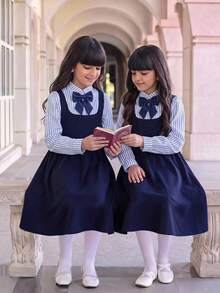 SHEIN 青少年女孩條紋拼接蝴蝶結裝飾 2合1連身裙 - 藏蓝色 - 查看 2