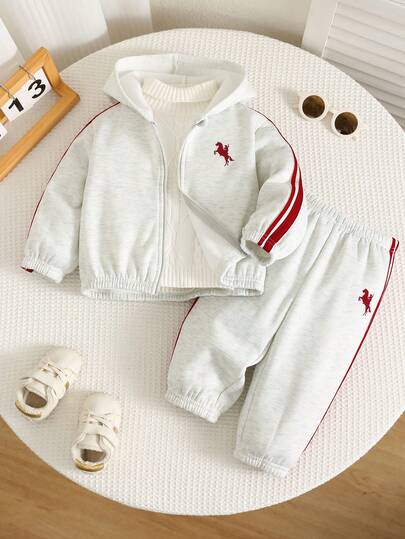 SHEIN 2pcs Baby Boy Colorblock Webbing Hooded Long Sleeve Open Front Jacket & Elastic Waist Long Pants Fall And Winter Back To School Clothes