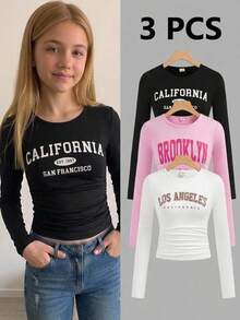 SHEIN Girlism 3件套少女休闲校服字母印花褶皱侧边圆领长袖短款针织T恤上衣，返校季必备 - 西瓜粉 - 查看 1