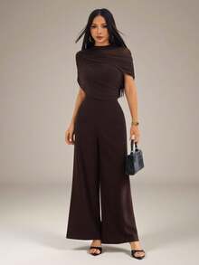 SHEIN PETITE Mono de unicolor elegante con manga corta y patchwork de malla, primavera/verano - Marrón - Ver 7