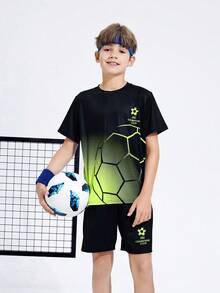 SHEIN Young Boy Casual Football Print Round Neck Short Sleeve T-Shirt And Shorts Sports Set - Green - View 6