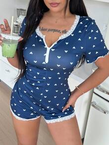 ZzzCrew Minimalist Small Heart Print Lace Patchwork Slim Fit Flattering Plus Size Romper Pajamas - Navy Blue - View 4