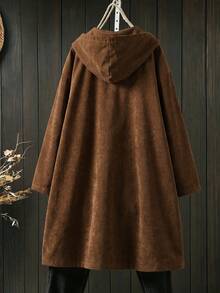 Linhara Spring/Autumn Corduroy Brown Hooded Mid-Length Casual Commute Plus Size Jacket With Pockets - Brown - View 2