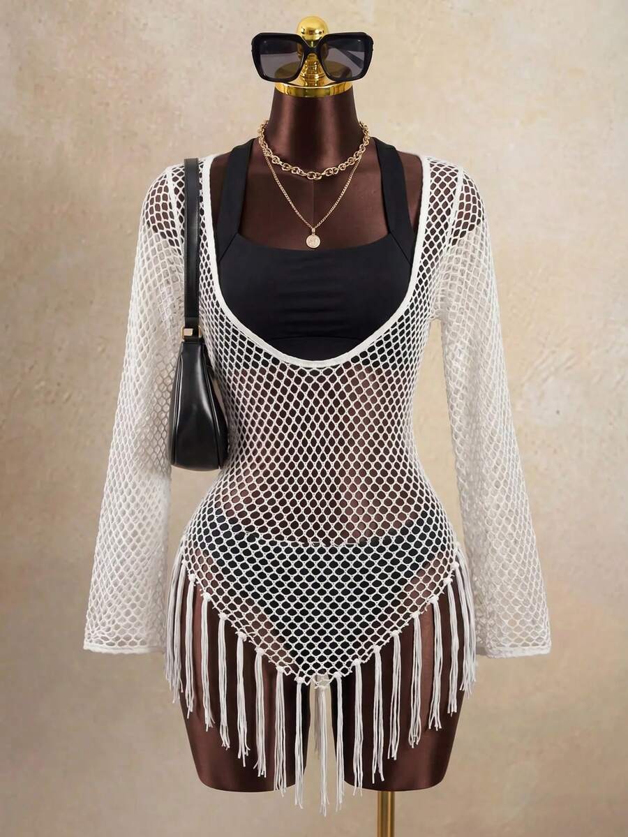 Zestiva Women's Sexy Hollow Out Sheer Tassel Hem Cover-Up Dress For Vacation - White - View 1