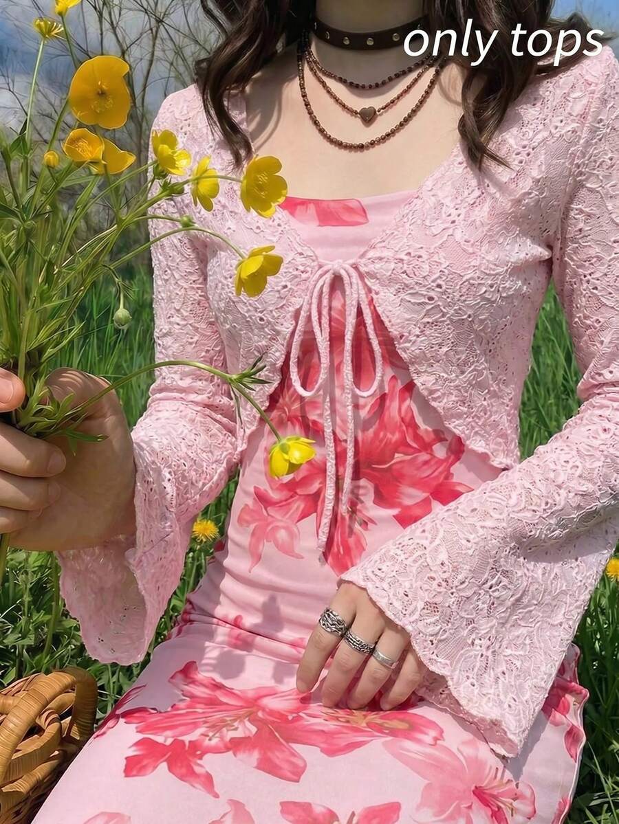 SHEIN MOD 女式复古V领短款喇叭袖系带上衣 - 粉色 - 查看 1