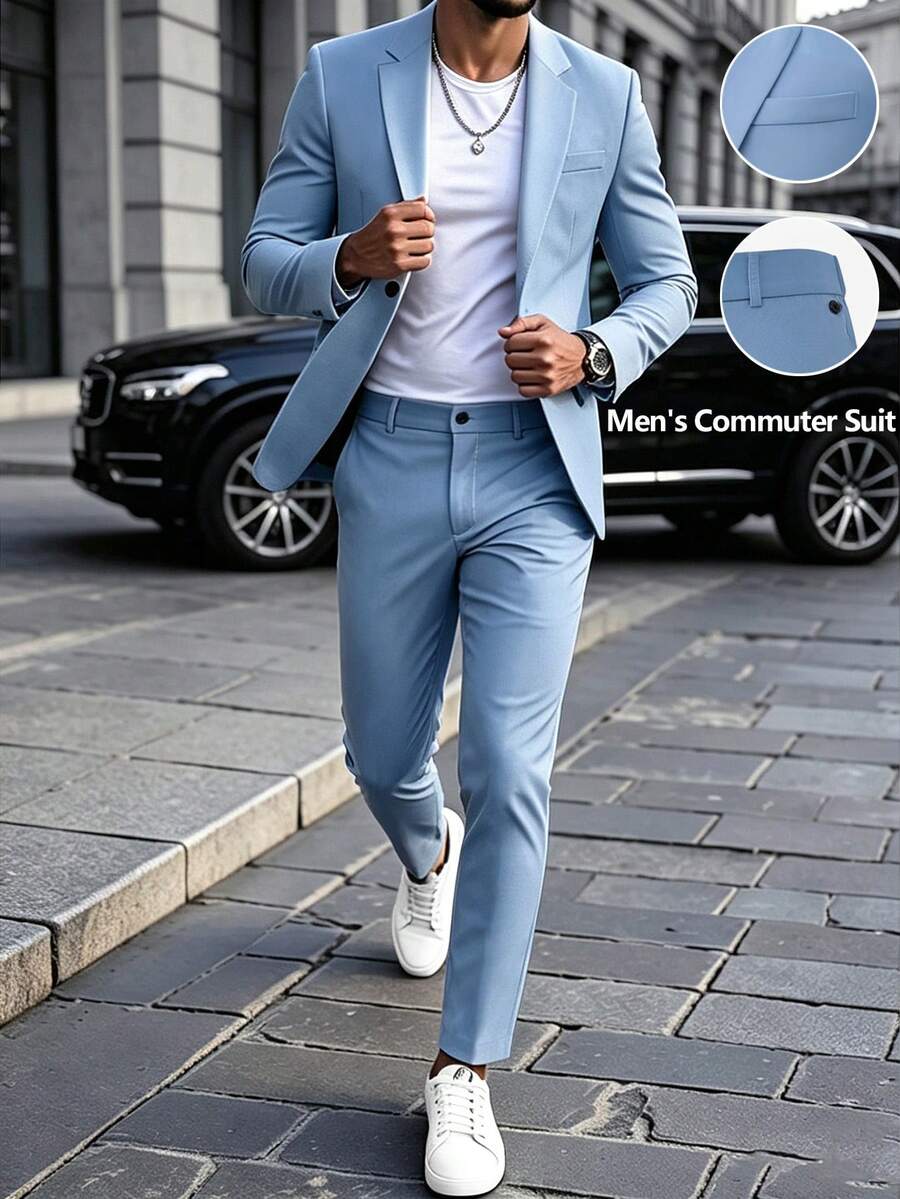 Manfinity Mode Men's Blue Casual Fashion Notch Lapel Suit Set - Blue - View 1