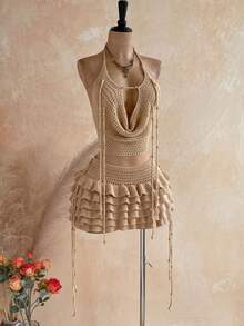 Soleia Women's Spring/Summer Romantic Boho Vacation 2-Piece Set: Draped Neck Crochet Tank Top, Steel Bead Tassel Decor + Multi-Layer Ruffle Mini Skirt, Sexy - Apricot - View 11