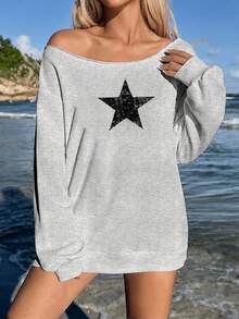 SHEIN EZwear 淺灰色女款不對稱肩寬鬆休閒長袖衛衣，簡約日常百搭派對機場 Y2K 上衣，印花圖案，夏季外出穿搭 - 淺灰色 - 查看 6