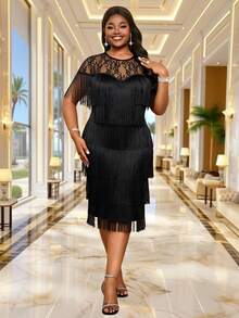 SHEIN Lady Plus Size Women's Contrast Lace Round Neck Tassel Design Elegant 70's Dress Cocktail Party Black Summer - Black - View 5