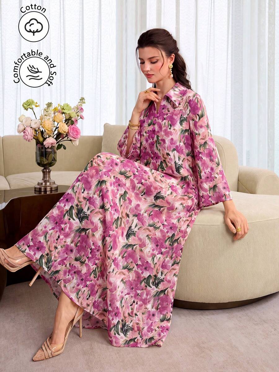 Yasmyna Camisa larga de algodón con cuello, botones delanteros y estampado multicolor - Rosa - Ver 1