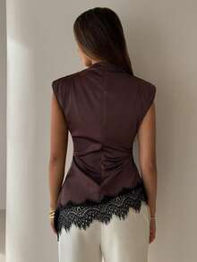 Aloruh Chocolate Brown Minimalist Lace Sexy French Elegant Commuter Brunch Night Out Date Night Office Patchwork Waist-Cinching Ruched Blouse For Women Fall - Brown - View 8