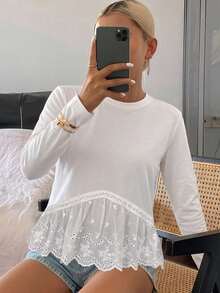 DAZY 女款純色修身圓領長袖拼接蕾絲飾邊休閒春夏秋上衣 T-shirt - 白色 - 查看 5
