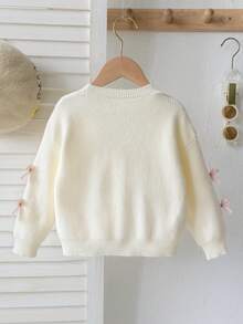 SHEIN Vintaside Kids 4-7歲女孩對比色3D蝴蝶結V領羅紋針織開襟衫，寬鬆長袖毛衣外套，適合春秋、居家、學校、戶外，百搭款 - 米色 - 查看 2