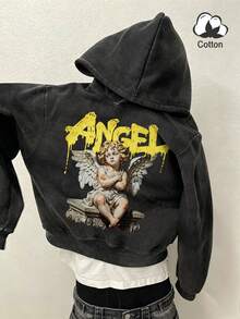 Manfinity EMRG Herren Schwarzer Gewaschener Distressed Kurz-Hoodie, Gelber Tropfender Schriftzug Engel Amor Grafikdruck auf dem Rücken, Vintage Y2K Gothic Street Style, Lässig Frühling/Sommer Urlaub, Musikfestival, Konzert, Clubparty - Schwarz - Übersicht 2