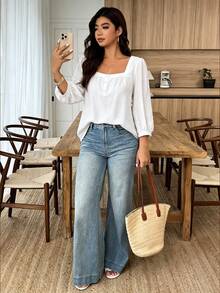 Weeklong Women's Plus Size Spring/Summer Casual Vacation Square Neck Button Mid-Sleeve Solid Color Shirt, Suitable For Daily And Vacation Wear - White - View 3