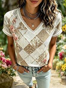 Selamara Women's Plus Size Lace Patchwork Neckline All-Over Print Elastic Short Sleeve Top - Multicolor - View 3