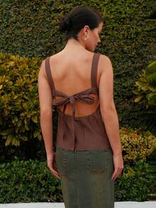 Nelanie Turli 100% Cotton Coffee Brown Backless Blouse For Summer,Elegant Wide Shoulder Straps Bow Tie Back Top For Women's Holiday Resort Brunch Casual Vacation - Brown - View 2