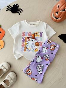 SHEIN Playful Pals 2件組女嬰休閒可愛日系萬聖節幽靈臉南瓜圖案短袖圓領T恤與鬆緊腰喇叭長褲套裝 - 紫色 - 查看 6