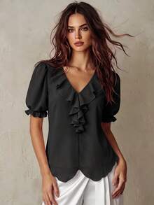 Franclia Blusa casual de verano con cuello en V, unicolor, volantes y mangas abullonadas - Negro - Ver 1