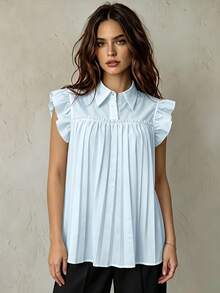 Franclia Elegant French Style White Chiffon Blouse With Ruffled Collar - Baby Blue - View 1