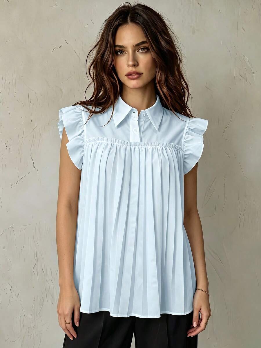Franclia Elegant French Style White Chiffon Blouse With Ruffled Collar - Baby Blue - View 1