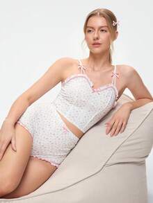 Bonmuse Ditsy Floral Print Bow Front Cami Top & Shorts PJ Set / Pajama Set White Setfor Summer - White - View 8