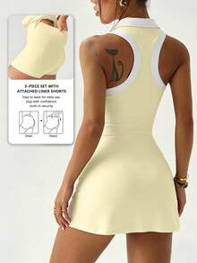 CourtClass CourtClass Camisa polo de golf para mujer de primavera/verano, cuello de color contrastante, inserto lateral de color contrastante, espalda de tirantes, pantalones cortos ajustados con bolsillos, vestido deportivo para mujer adecuado para uso casual, correr, yoga, gimnasio, tenis, golf - Amarillo - Ver 3