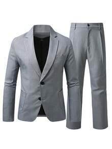 Manfinity Mode Men's Solid Color Single-Breasted Notch Lapel Long Sleeve Jacket And Pants Commuter Suit Set - Grey - View 3