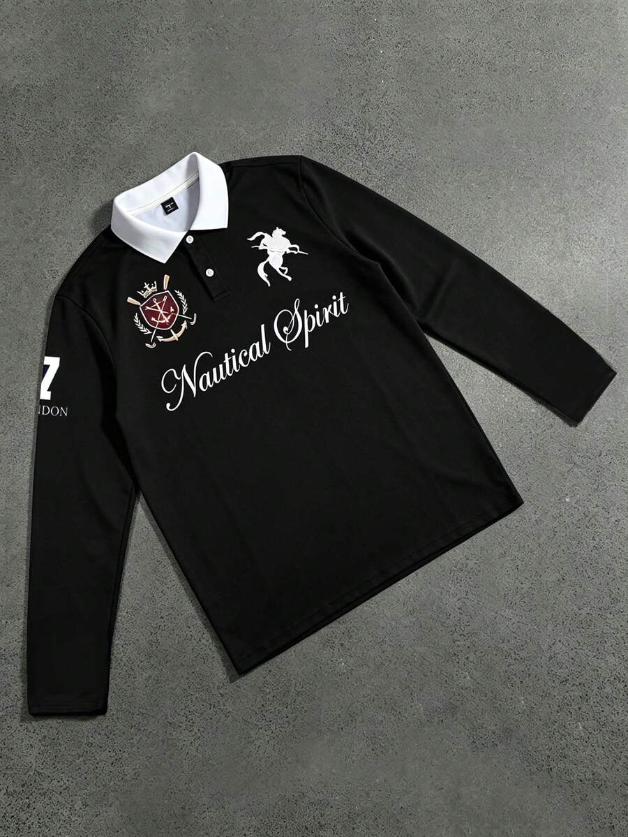 STYNVO 男士字母騎士印花休閒日常長袖 Polo 衫 - 黑色 - 查看 1