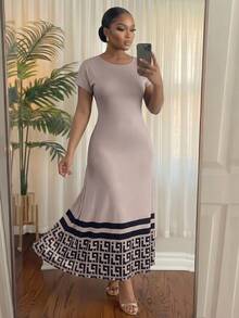 SHEIN Lady CURVE 大尺碼女款拼色休閒日常夏季旅行連身裙 - 卡其色 - 查看 3