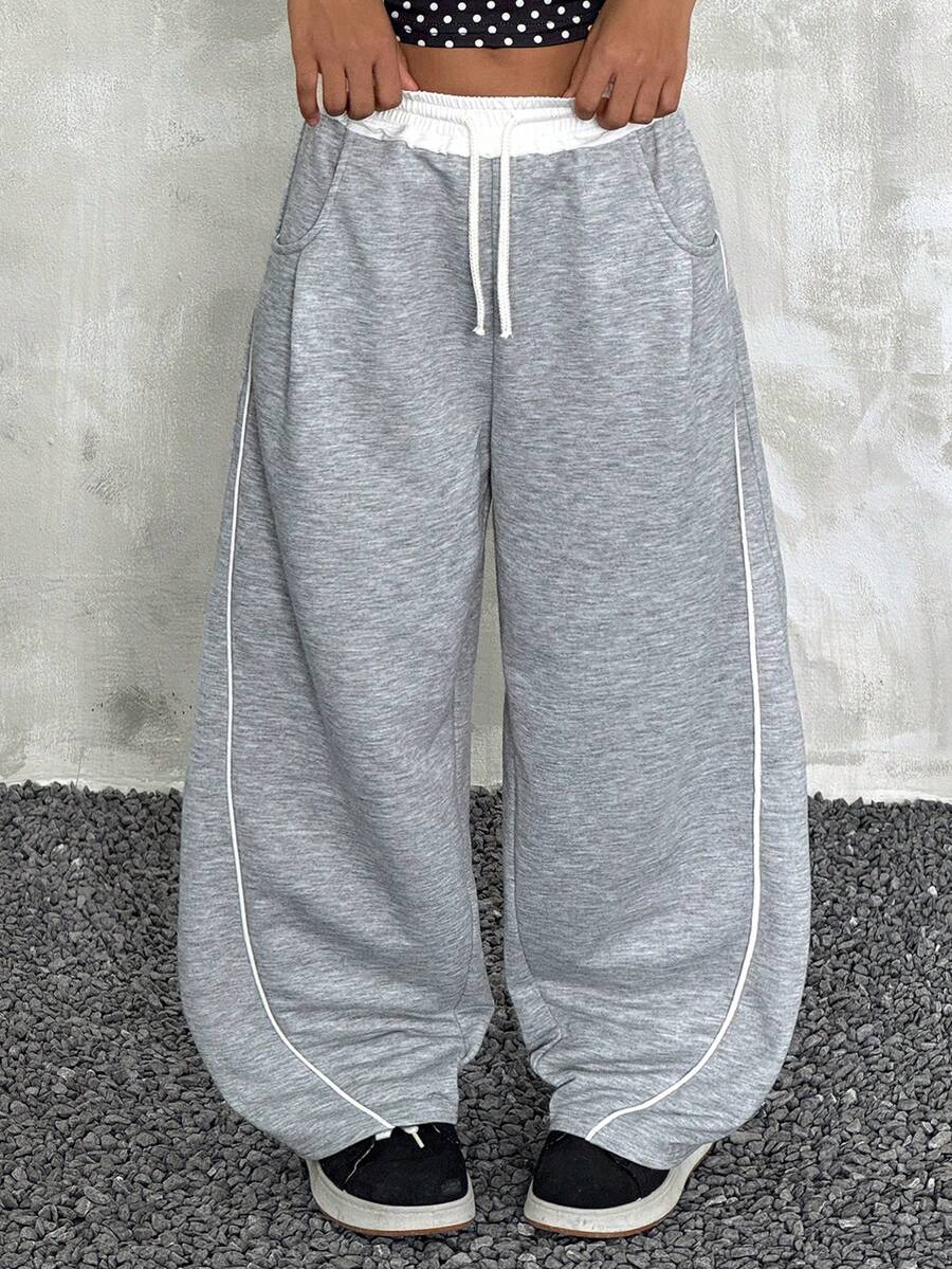Pantalones rectos básicos esenciales de cintura elástica en gris francés, estilo casual deportivo de calle para niñas preadolescentes en verano - Gris - Ver 1