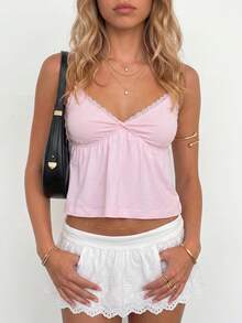 Sundraya Women's Solid Color Contrast Lace Fashion Camisole - Baby Pink - View 2