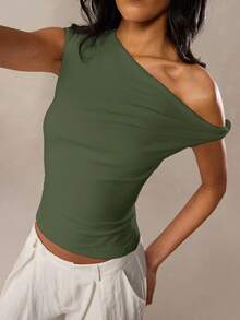 SHEIN BAE 春夏休閒不對稱單肩修身長版上衣 T-shirt，適合夏季上衣、休閒上衣、返校穿搭，老錢風街頭與機場風 - 軍綠色 - 查看 7