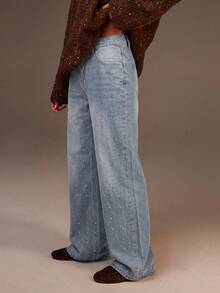 Athîral Denim 女款淺洗藍色寬腿牛仔褲，鉚釘細節，秋季日常穿著，街頭風，休閒牛仔褲，上班穿搭，返校，外出 - 藍色 - 查看 3